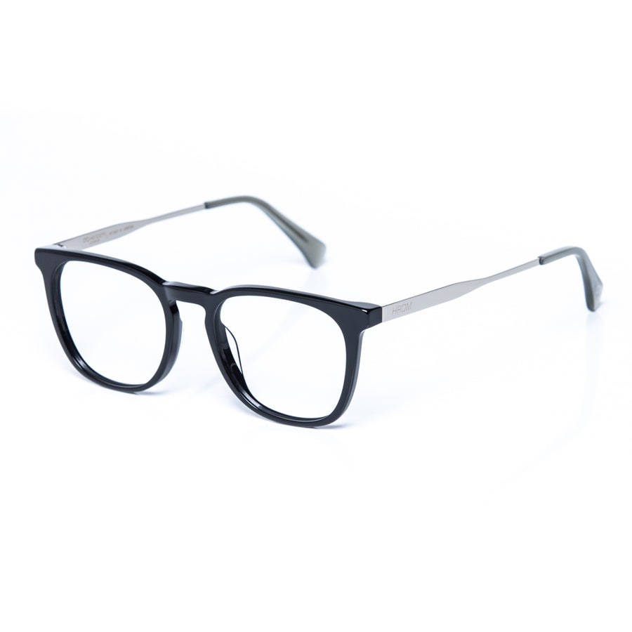 Black eyeglasses with silver accents on a white background