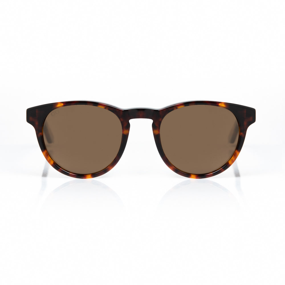 Sunglasses with tortoiseshell frame and brown lenses on a white background