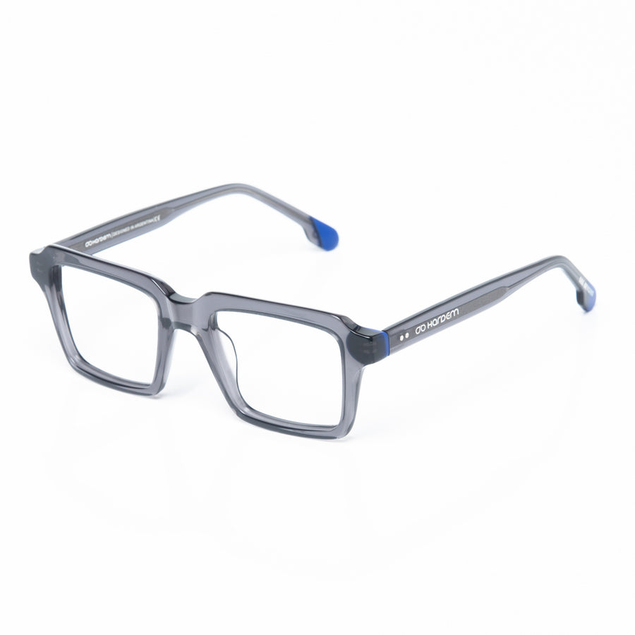 Gray eyeglasses with blue accents on a white background